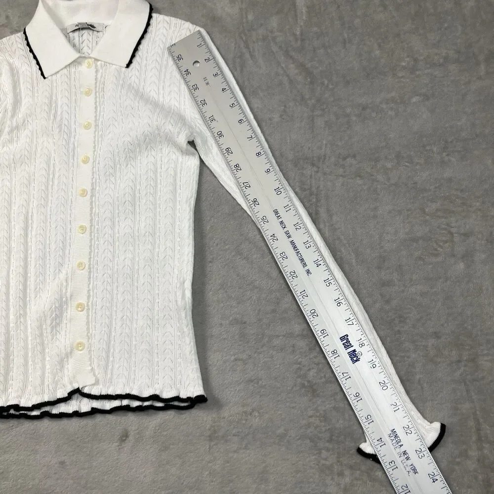 Madewell Cardigan Womens XXS White Ruffle Trim Pointelle Peter Pan Preppy NY455